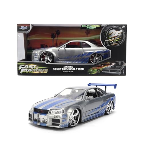 Jada Toys Fast & Furious 1:24 Scale Anniversary Edition 2002 Nissan Skyline GT-R (BNR34) Die-Cast Car with Brush Metal Finish – Collector Hobby Exclusive