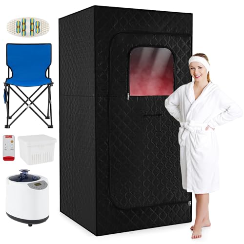 COSTWAY 3L Dampfsauna 1200W, Saunazelt mit 15-stufige Temperaturregelung, Fernbedienung, Timer, klappbarer Stuhl & Matte, Ganzkörpersaunabox tragbar Heimsauna (88 x 88 x 179 cm,Schwarz)