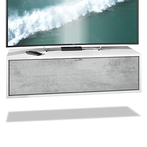 Vladon Meuble TV Lana 100 Armoire Murale lowboard 100 x 29 x 37 cm, Caisson en Blanc Mat, façades en Aspect Béton Oxyde | Grand Choix de Couleurs