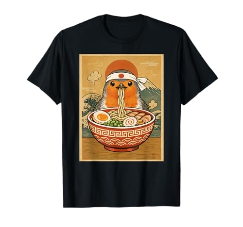 Kawaii Robin Bird Watching Japanese Ramen Noodles T-Shirt