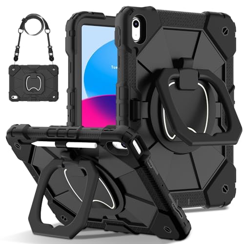 Protection iPad 10 11 12 coque antichoc noire avec dragonne