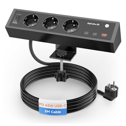 Ohuo Tischsteckdose mit USB C PD 65W, Klemmbare Steckdosenleiste mit USB Schreibtisch, 3 Fach Tischsteckdose mit 2 USB C GaN PD 65W, Aluminum, 3m Kabel