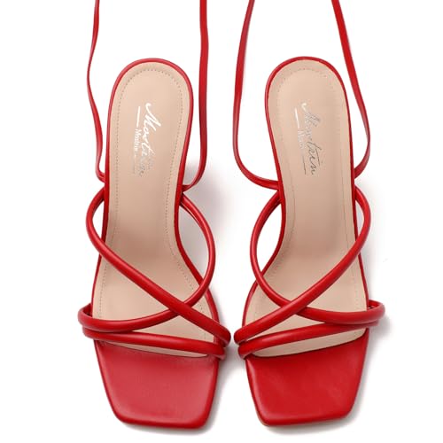 Image of Mostrin Womens Sandals Strappy Heels for Women Lace Up Square Open Toe Heels Tie Up High Heeled Sandals for Prom, Party, Daily Wear