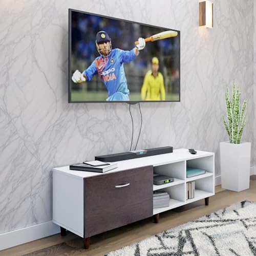 Image of VIKI Modern TV Unit for Living Room | Engineered Wood TV Cabinet with 1 Drawer Storage & 2 Open Shelves, Entertainment Unit, 140W x 48H x 40D cm | DIY | 1 Year Warranty (White & Wenge)
