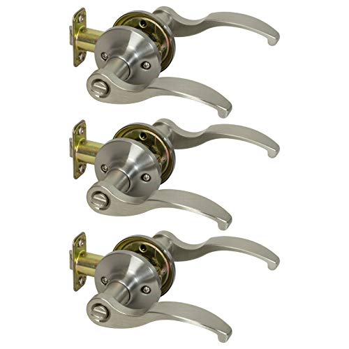 3 Pcs Bed and Bath Privacy Lock Scroll Wave Door Lever Handle Satin Nickel BA114