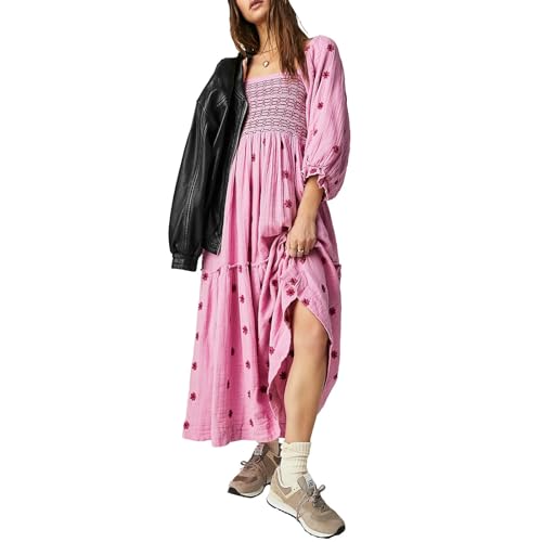 Vestido de Mujer con Cuello Cuadrado, Vestido Bohemio Fluido, Manga abullonada, Vestido Fluido con Corte en A, Color Rosa, L