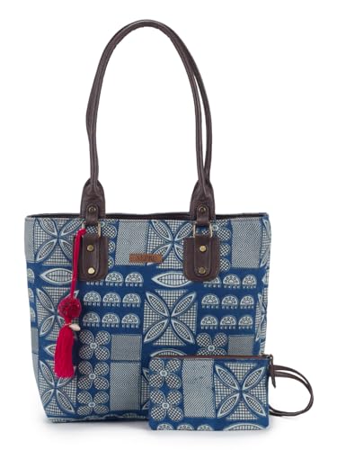 Image of NEPRI Office Pouch Tote Bag | Stylish Set of 2 Tote Bags for Women| Vegan Leather & Handblock Printed Fabric Handbag with Double Handle Shoulder Strap| Daily & Travel Use