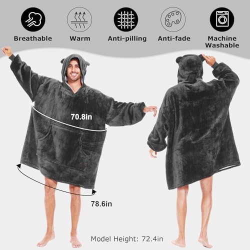 THREE POODLE Wearable Blanket Hoodie for Women, Oversized Sherpa Sweatshirt Blanket for Adults Men, Cozy Gray Hooded Blankets, Gifts for Teen Girls Women Mom Sister