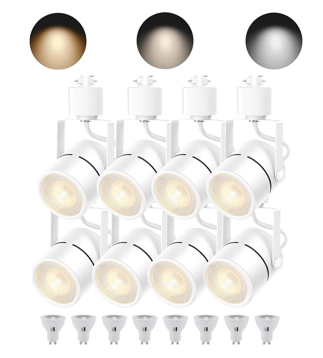 Image of White 8PCS GU10 Track Lighting, Replaceable 10W Bulbs, Switchable 3CCT(3000K /4000K /6000K), Dimmable 20%-100% Brightness, Ceiling Spotlights for Living Room, Kitchen, Shop & Office