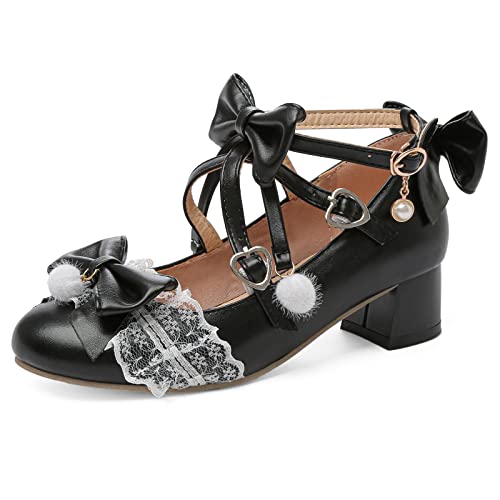 Mary Janes noir à talon carré moyen Lizoleor bout rond et bride cheville taille 36.5