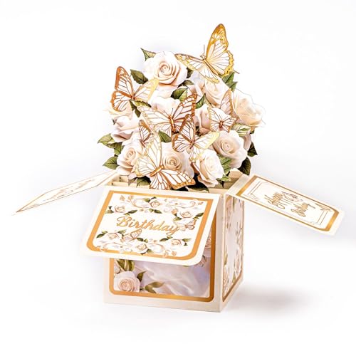 MSLSOZ Tarjeta de cumpleaños para mujer, caja de regalo de felicitación de mariposa blanca y dorada en 3D, elegante tarjeta de regalo con sobre para esposa, hermana, madre, abuela, tía