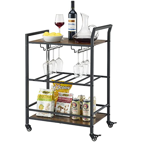 Hoctieon Bar Cart,3-Tier Bar Serving Carts For The Home,Industrial Style Wine Rack On Wheels,Beverage Cart With Liquor Rack And Glass Holder For Kitchen,Dining Room #TOP14