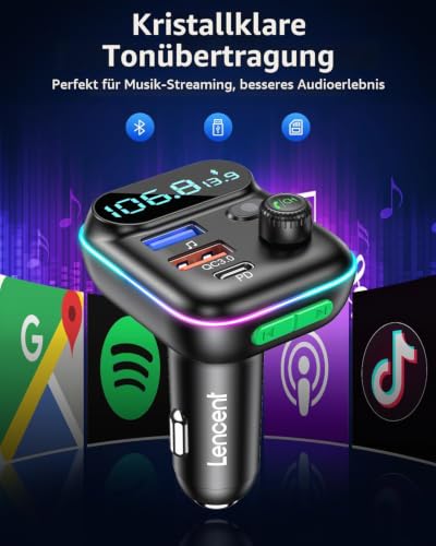 LENCENT FM auto Transmitter Bluetooth Adapter V5.0 Freisprecheinrichtung mit USB-Ladegerät PD-Typ-C...