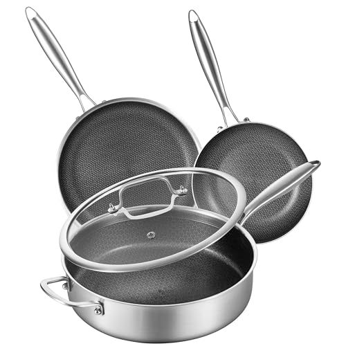 LOLYKITCH 6 QT Hybrid Tri-Ply Stainless Steel Non Stick Sauté Pan with Lid and 8-10 Inch Frying Pan,Induction Cooking Pan Set, Oven Safe and Detachable Handle