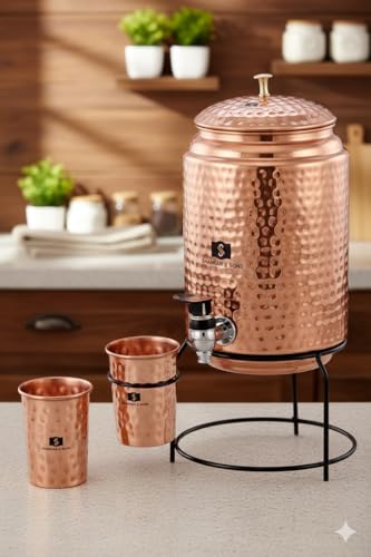 Image of SHANKAR & SONS Jointless Pure Copper Water Dispenser Matka Vessels Pot 5000 ml with Stand and 2 Glass (Brown)