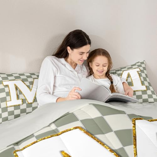Image of Erosebridal Sage Green Checkered Kids Comforter Sets Plaid Initial M King Bedding Set for Adults Personalized Monogram Comforter Set,Fashion Grids Gingham Quilt Duvet 3 Pcs