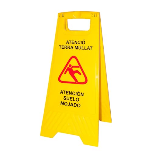 PAMEX Señal de Suelo Mojado. Cartel Plegable Señalización Advertencia Mojado Color Amarillo. Advertencia Superficie Resbaladiza. En Castellano y Catalán