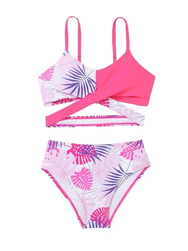 Image of WDIRARA Girl's Tropical Print Cut Out Criss Cross Bikini Set Swimsuit 2 Piece Bathing Suit