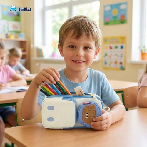 Image of FunBlast Pencil Pouch for Kids, Girls - Large Capacity Multipurpose Stationery Zipper Pouch with Coin Pouch for Kids & Adults, Kawaii Aesthetic Pencil Case Organizer, Cute School Supply Bag (White)