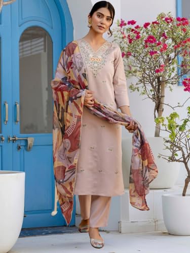 Image of Naixa Women's Chanderi with Cotton Lining Embroidered Straight Kurta with Pant and Dupatta Sets (NX2-570)