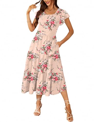 Zeagoo Damen Kleider Lose Sommerkleid Lang Maxikleid Casual Rundhals Strandkleid Elegant Freizeitkleid mit Taschen Rosa ...