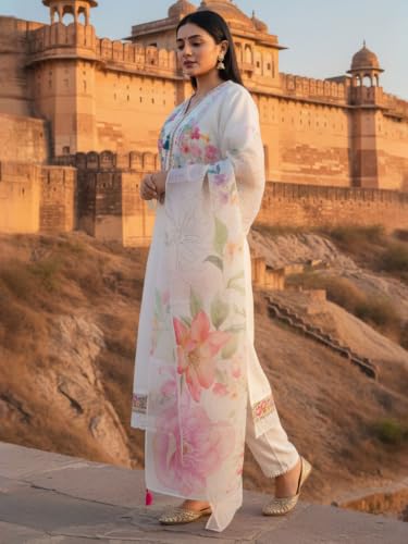 Image of INDO ERA Women's Silk Blend Embroidered Zari Work Straight Kurta & Pant Set | Cord Set For Women