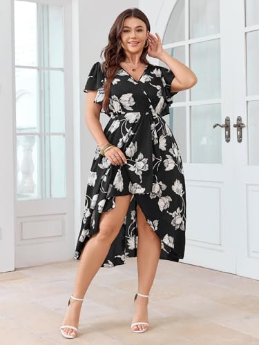 Image of SHESTARR Women Plus Size Maxi Dress Short Sleeve Wrap V Neck High Low Split Long Dress