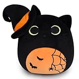 Desdfcer Halloween Schwarze Katze Plüschtier, 20 cm Halloween Kuscheltier mit Hexenhut & Spinnennetz, Kleines Kuscheltier für Kinder Geschenke