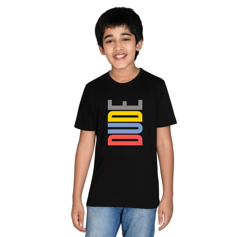 Image of Nusyl Boys Dude Text Printed Half Sleeve Regular Fit Tshirt, Cotton Blend Round Neck T-Shirt,