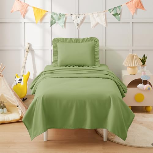 Image of KKJIAF 3 Piece Toddler Sheet Set Microfiber, Includes a Flat Sheet, a Fitted Sheet and a Ruffle Pillowcase, Sage Green