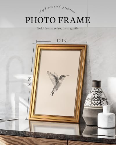 Image of VIYYIEA Vintage Gold Framed Wall Art for Living Room, Birds Canvas Prints Home Decor, Sketch Painting Picture, Bedroom Wall Decor Gifts for Friends or Family -【Hummingbird】-(16L x 12W)