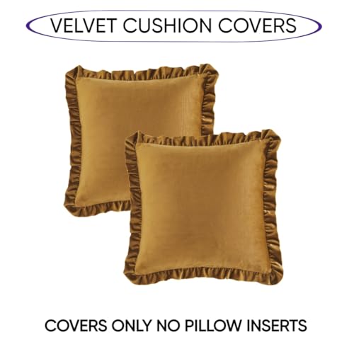 Image of Velvet Brown 16x16 Pillow Covers, Set of 2 Decorative Ruffle Cushoin Pillow Covers for Sofa Couch