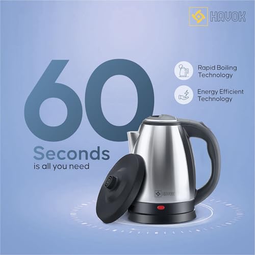 Image of HAVOK 1500W Electric Kettle 1.8L Stainless Steel Water Boiler | Instant Fast Boiling Kettle with Auto Shut Off & Boil Dry Protection | 360 Cordless Base, LED Indicator for Tea Coffee Soup (Silver)