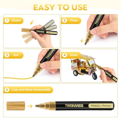 Image of Metallic Marker Pen Set of 6 | Shake And Use Paint Pens | Water-Based Quick Dry Non-Toxic Ink for Art, Craft, Card Making, Journaling, Rock Painting & Drawing (6 Gold- 6 Pic)