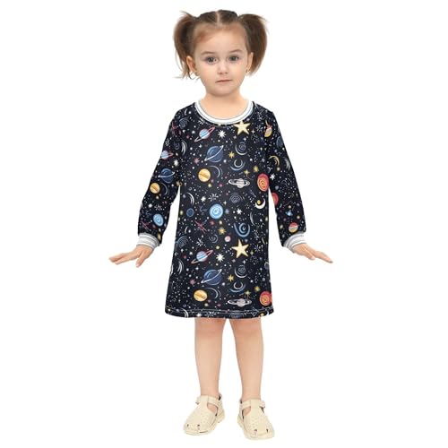 JUNZAN Space Stars Cosmic Planet Toddler Girl Long-Sleeved Dress Soft Kids Basic Dress 2T4