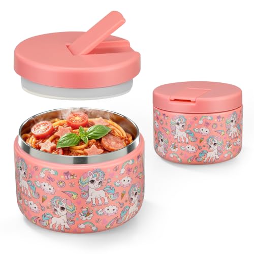 Image of Pawtong 12oz Insulated Vacuum Food Jar with Buckle Lid Wide Mouth Soup Thermo for Hot Food Kids Leakproof Stainless Steel Lunch Container (Pink-Horse)