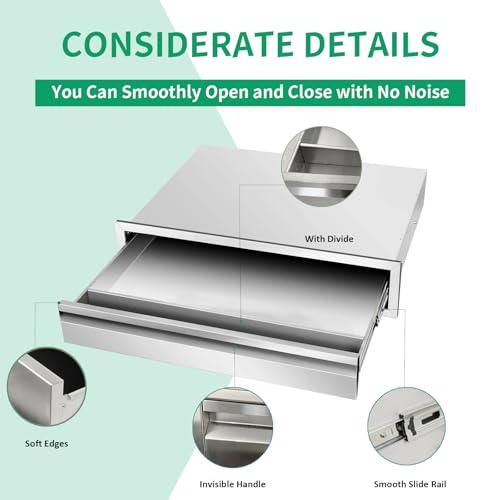 Image of Outdoor Kitchen Drawers 30 inch W x 6.5 inch H x 23 inch D Stainless Steel Single Drawers with Hidden Handle for BBQ Island, Patio Grill Station & Outdoor Kitchen Cabinets