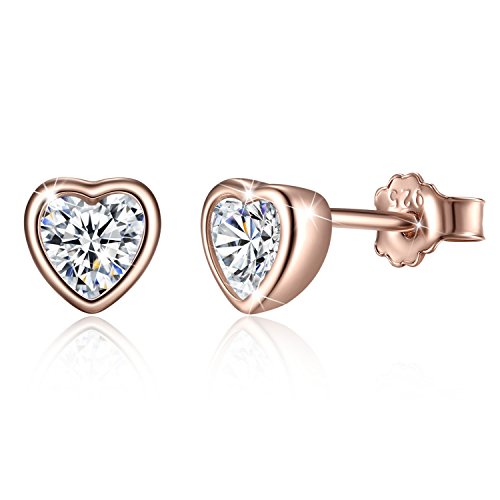 Bamoer Rose Gold Heart Earring with CZ Screw Back Earrings Stud for Anniversary