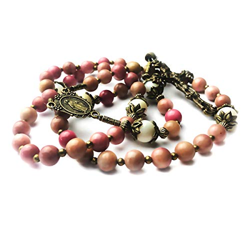 Pink Rhodonite and Mother of Pearl Stone Rosary with Miraculous Medal2