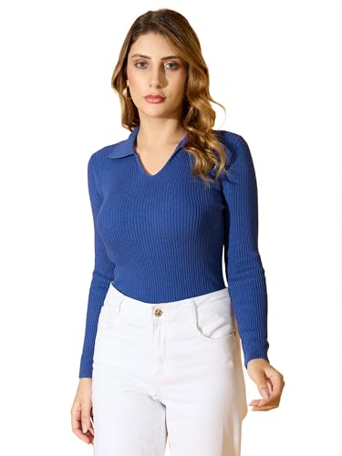 Image of 98 Degree North Women Ribbed Collar Neck Pullover-G1164-BLUEMELANGE