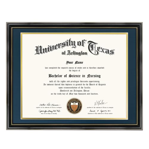 GraduationMall 14x17 Diploma Frame with Navy over Gold Mat or Display 16x20 Certificate without Mat,Solid Wood & Tempered Glass,Glossy Black Finish with Gold Trim by GraduationMall - Used condition - US$55.00