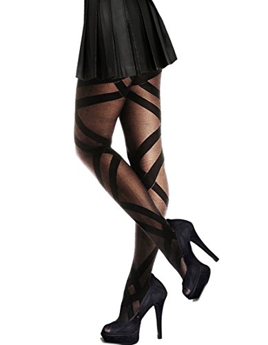PrettyLoveHose Collant Voile Noir Effet Jacquard Rubans Fantaisie,Noir,Taille unique (36-38-40) T1 à T3