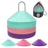 WOWGEEK Thicker Disc Cones (Cyan, Pink, Purple, Set of 60) Agility Soccer Cones with Carry Bag and Holder for Training,Football, Kids, Sports, Field Cone Markers