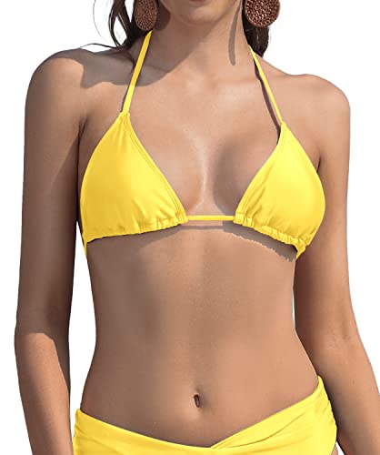 SHEKINI Mujeres Clásico Corredizo Ajustable Ties-up Triángulo Bikini Top (M,Top-Amarillo) Cover