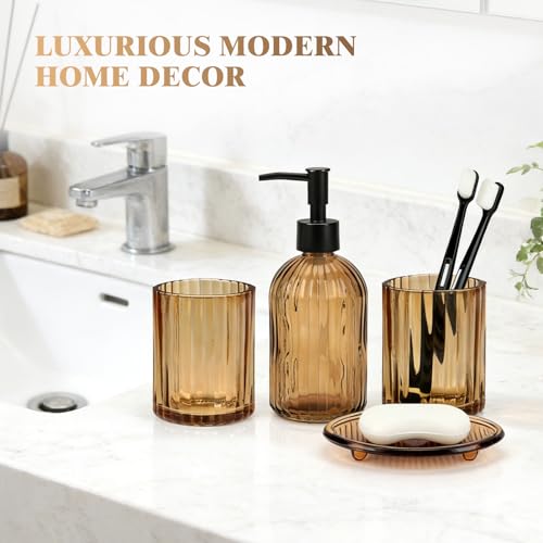 Glass Bathroom Accessories Set, 4Pcs Bathroom Accessories Sets Complete Lotion Soap Dispenser, Toothbrush Holder, Mouthwash Cup, Soap Dish for Bath Decor, Countertop Vanity Organizer (Amber) by Ulable - Image 7