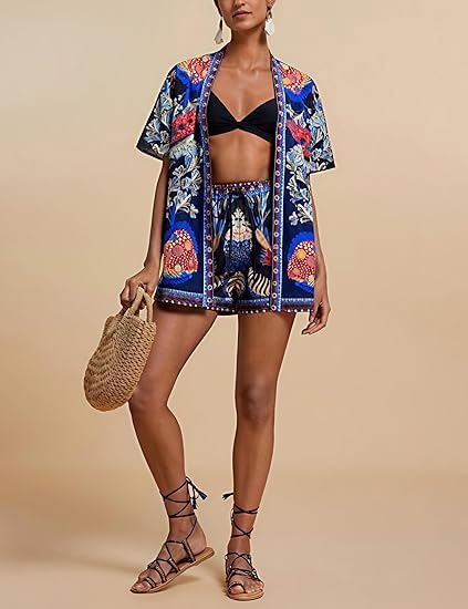 Women Boho Tropical Print Beach Cover Up 2 Piece Set Summer Short Sleeve and Shorts Lounge Outfit Lightweight - Image 2