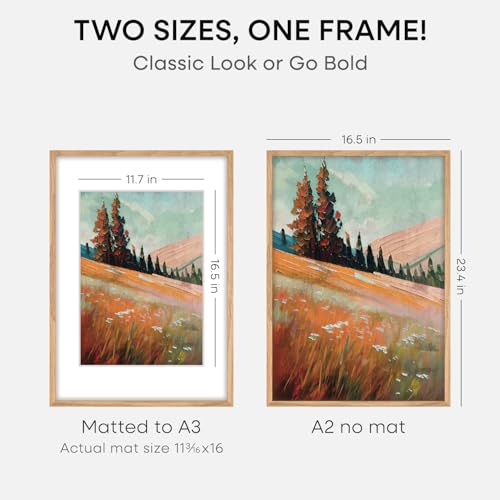 Image of Homeforia A2 Natural Oak Picture Frame, High-End Wood, A3 Mat, Glass | High End Solid Oak Wood, Tempered Glass, Acid-Free A3 Removable Mat, A2 Edge-to-Edge Display, Wall Kit, Set Of 1
