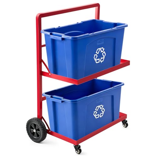 Carrito de reciclaje de metal rojo de 2 niveles de 18 galones con ruedas de goma 2