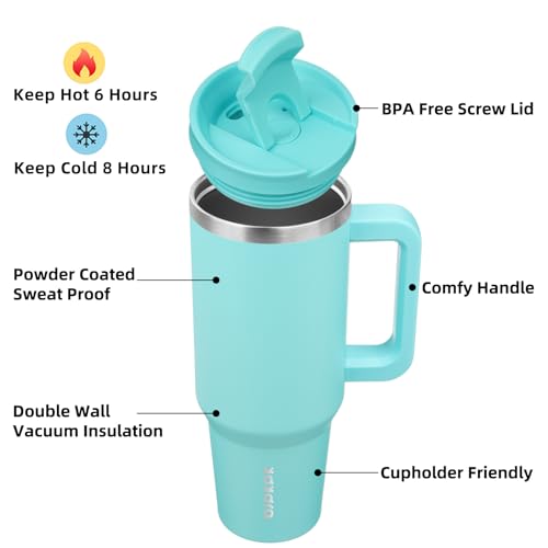 Image of BJPKPK 40 oz Stainless Steel Tumbler With Handle Insulated Tumblers With 2 Straw Travel Coffee Mug With Lid,Turquoise