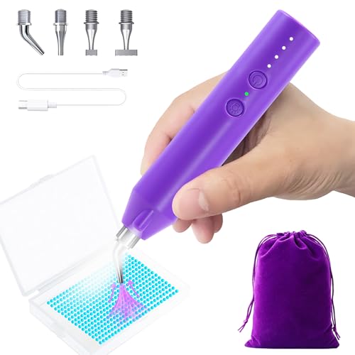Image of Lanzeyo Diamond Art Electric Pen, Rechargeable & Quiet Electric Diamond Painting Pen with Light, 3 Brightness Levels, 4 Metal Tips - Perfect Diamond Art Accessories for Crafters(Purple)